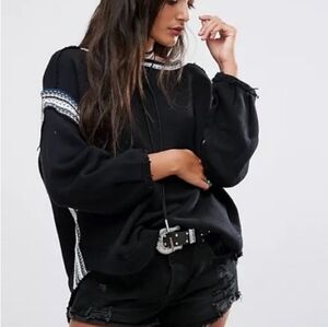 Free People Trudy Black Sweatshirt White & Blue Trim Fringe Detail Boho MED